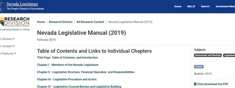 Screenshot of detail page for Nevada Legislative Manual, part of Research Content pages