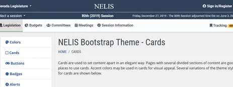 Screenshot of NELIS theme site showing colors, menu, and components
